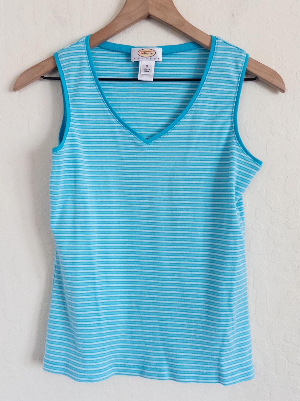 Vintage 90s Talbots 100% Cotton Striped V-Neck Tank Top Small Blue Classic Basic